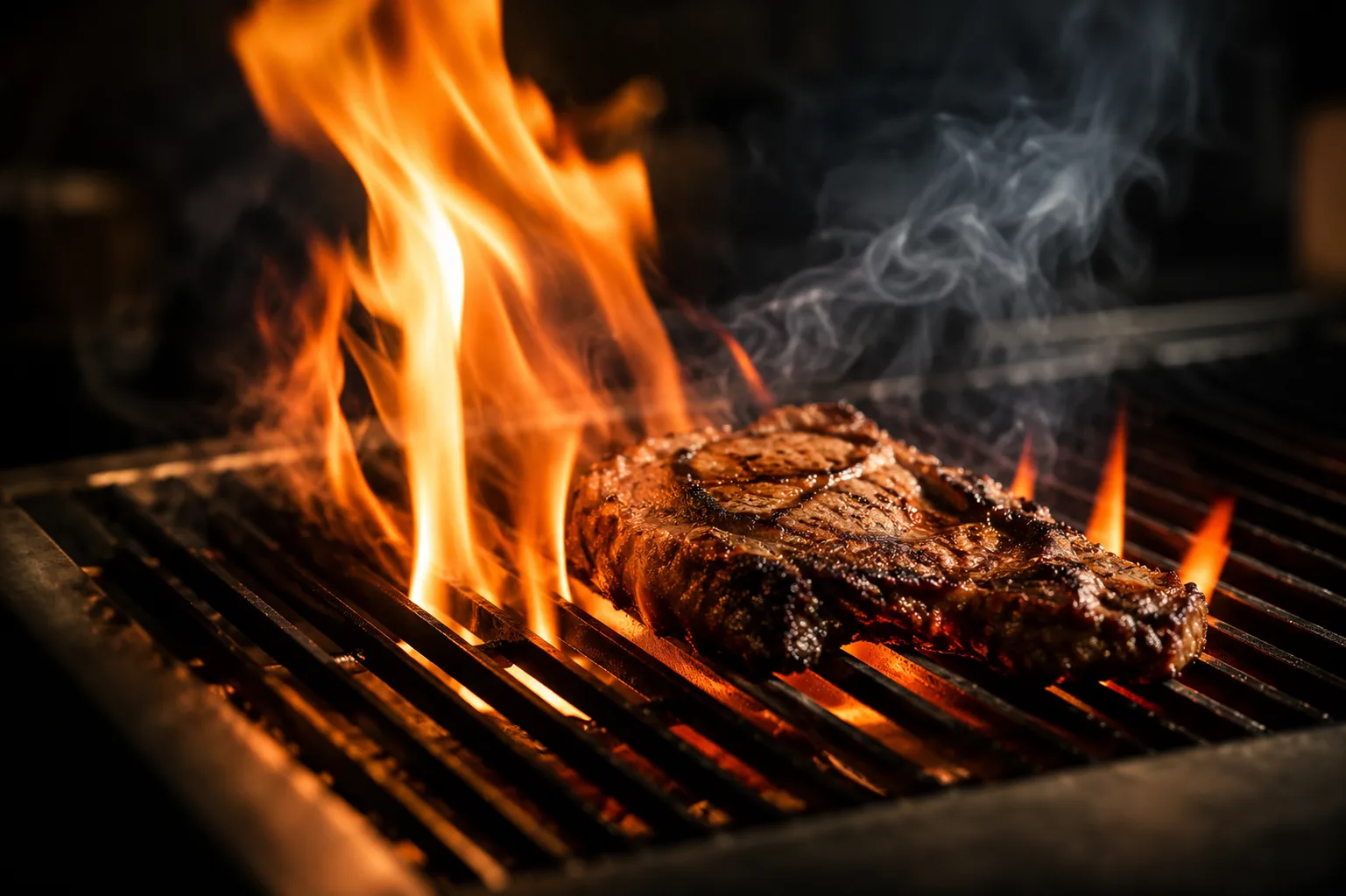 Biff med tydliga grillmärken över öppen låga